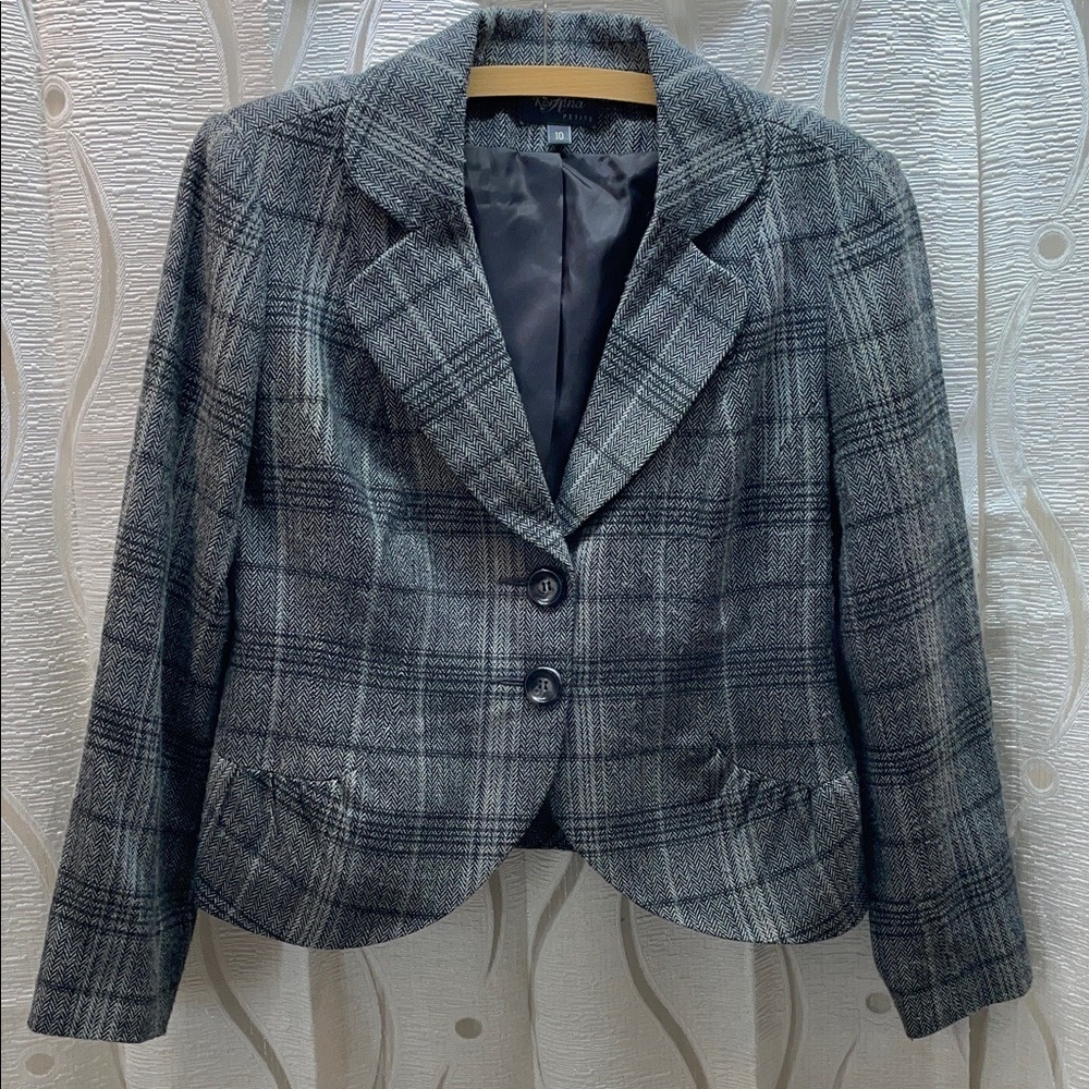 Korinna Petite Blazer Jacket Women 10P Gray Plaid Herringbone Excellent Cropped‎